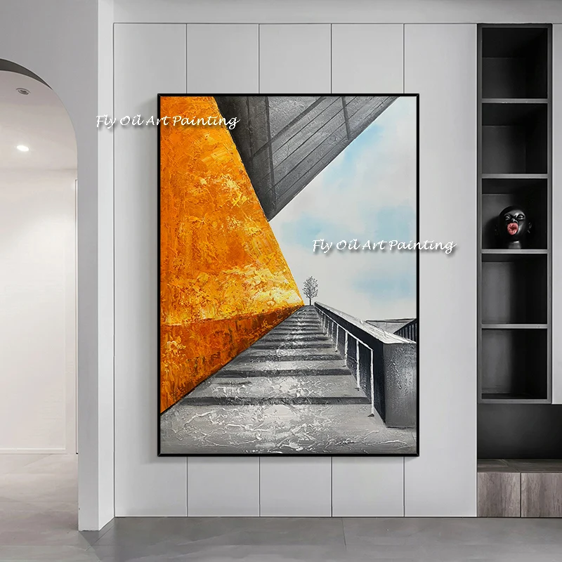 Modern Minimalist Wall Art Canvas Painting Abstract warm color block line Art Handmade Wall Picture for Living Room Decor