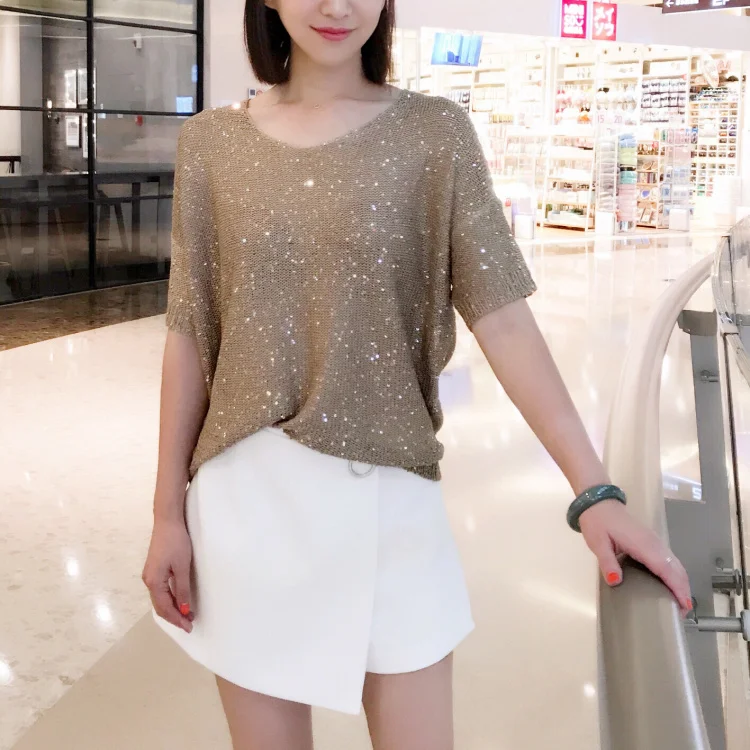 Cakucool Sequined Knitted Top Summer Pullover Women Short Sleeve Tee Shiny V-neck Casual Loose Jumpers shirt Femme 10colors