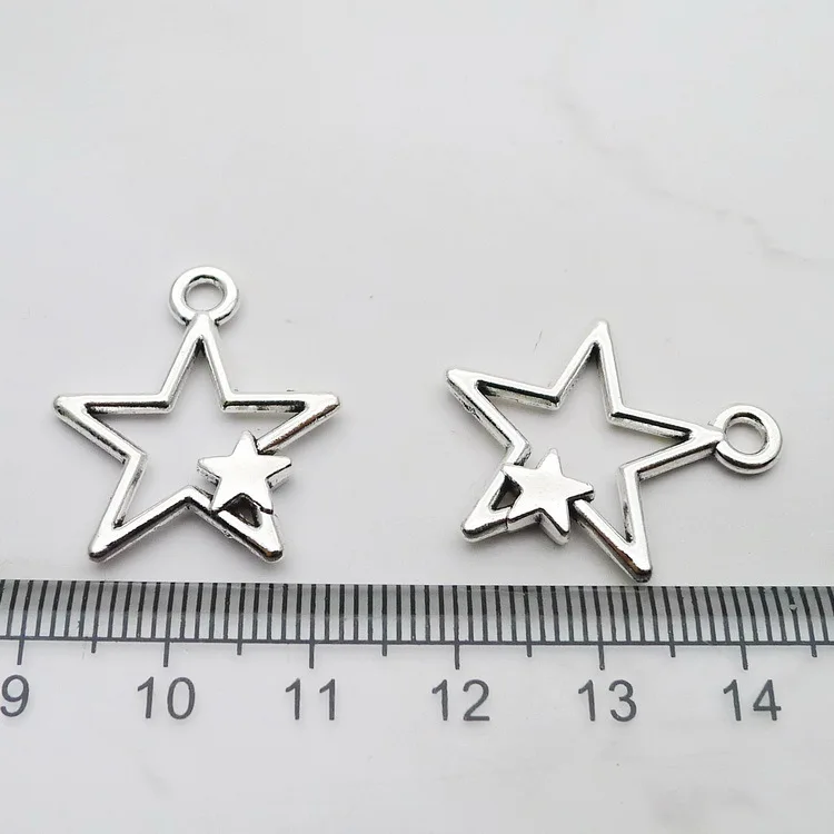 中空スターチャーム21x26mm,12個ピース/ロットロット,アンティークシルバーカラー,手工芸品用ペンダント,ジュエリー作り