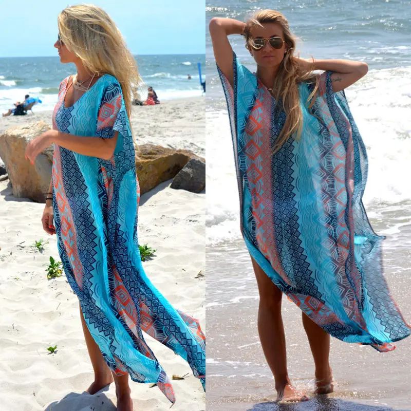 Boho Summer Printing Beach Dress Women Bathing Suit Cover Ups Sarong Bikini Long Robe Pareo Tunic Capes Kaftan Coverup