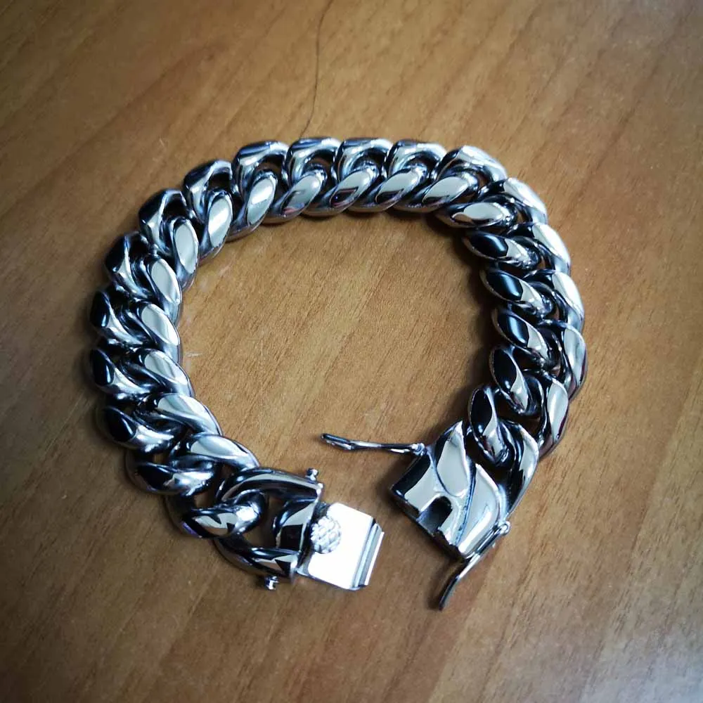 Top Quality 316L Stainless Steel Miami Curb Cuban Chain Link Men Bracelet Dragon Lock Clasp Hip Hop Women Silver Plated Jewelry