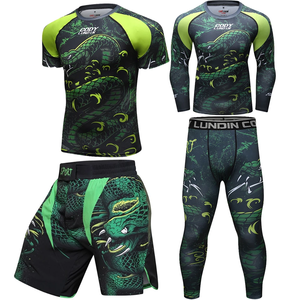 Bjj Rashguard For Men MMA Jiu JitsuT-shirts+Pants 4 Pcs/Set Boxing Jerseys KickBoxing Muay Thai Shorts MMA Compression Fightwear