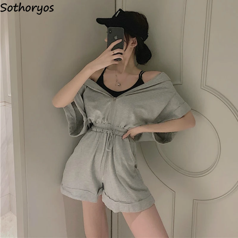 Rompers Women Loose Hooded Lace Up Comfortable All-match Chic Students Short Sleeve Fashion Zipper Casual leisure korean style