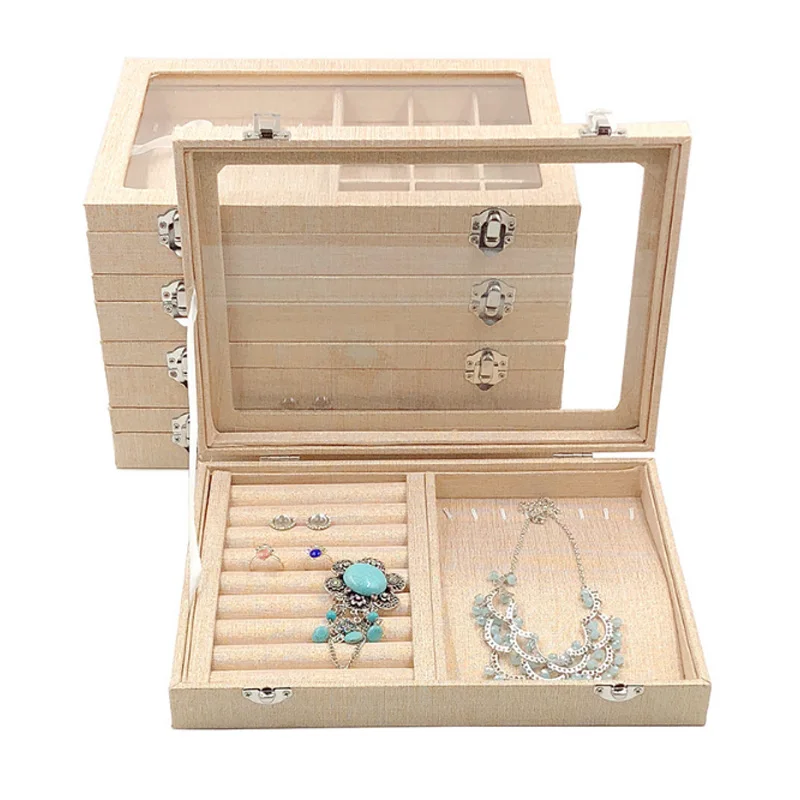 

Middle Yellow Linen Jewelry Display Case Storage Organizer Tray Jewellery Box With Glass Lid For Necklace Ring Earring Bracelet