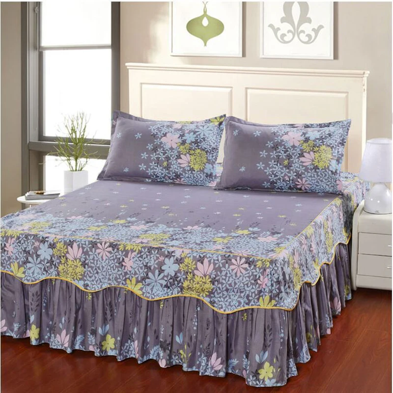 Cama antipolvo para las cuatro estaciones con Funda de colchón con falda de cama con estampado floral, tamaño grande/King-size 200x220cm, sin funda de almohada.