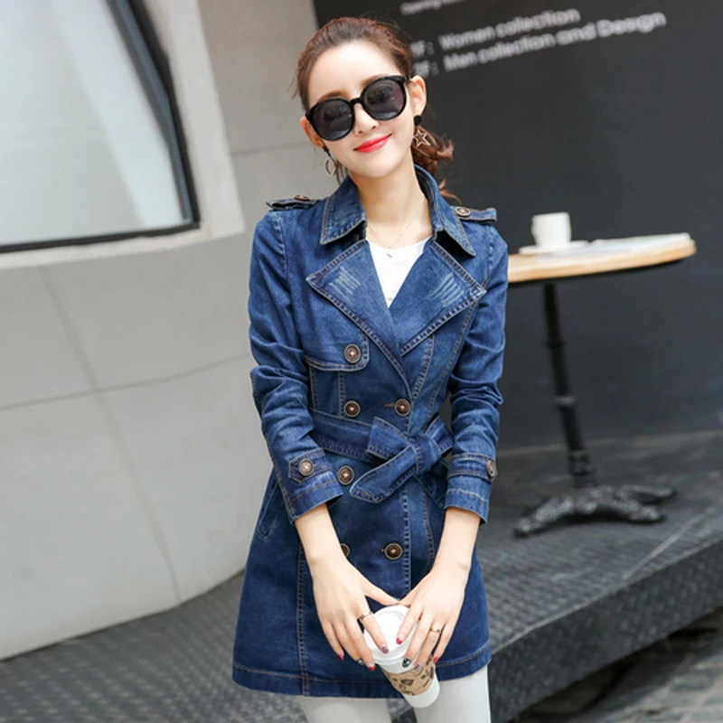 Women's Mid To Long Style Waist Cinched Long Sleeved Denim Jacket Spring and Autumn Women's Korean Version Denim Trench Coat