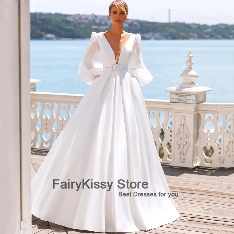 FairyKissy เจ้าหญิงงานแต่งงานชุดคู่ V คอชุดเจ้าสาวพัฟแขน Backless Sweep Train Gowns แต่งงานขนาดที่กำหนดเอง