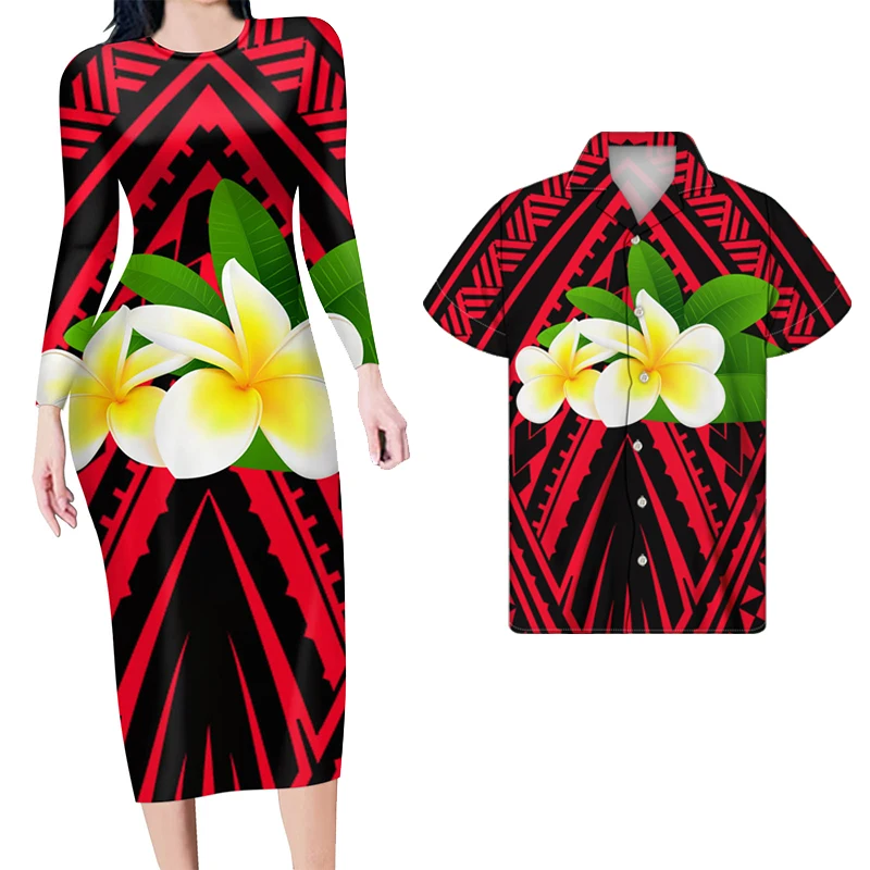 

HYCOOL Wholesale Red Tribal Polynesian Print Couples Clothing Long Maxi Dress & Men Hawaiian Shirts Beach Party Women Sexy Dress