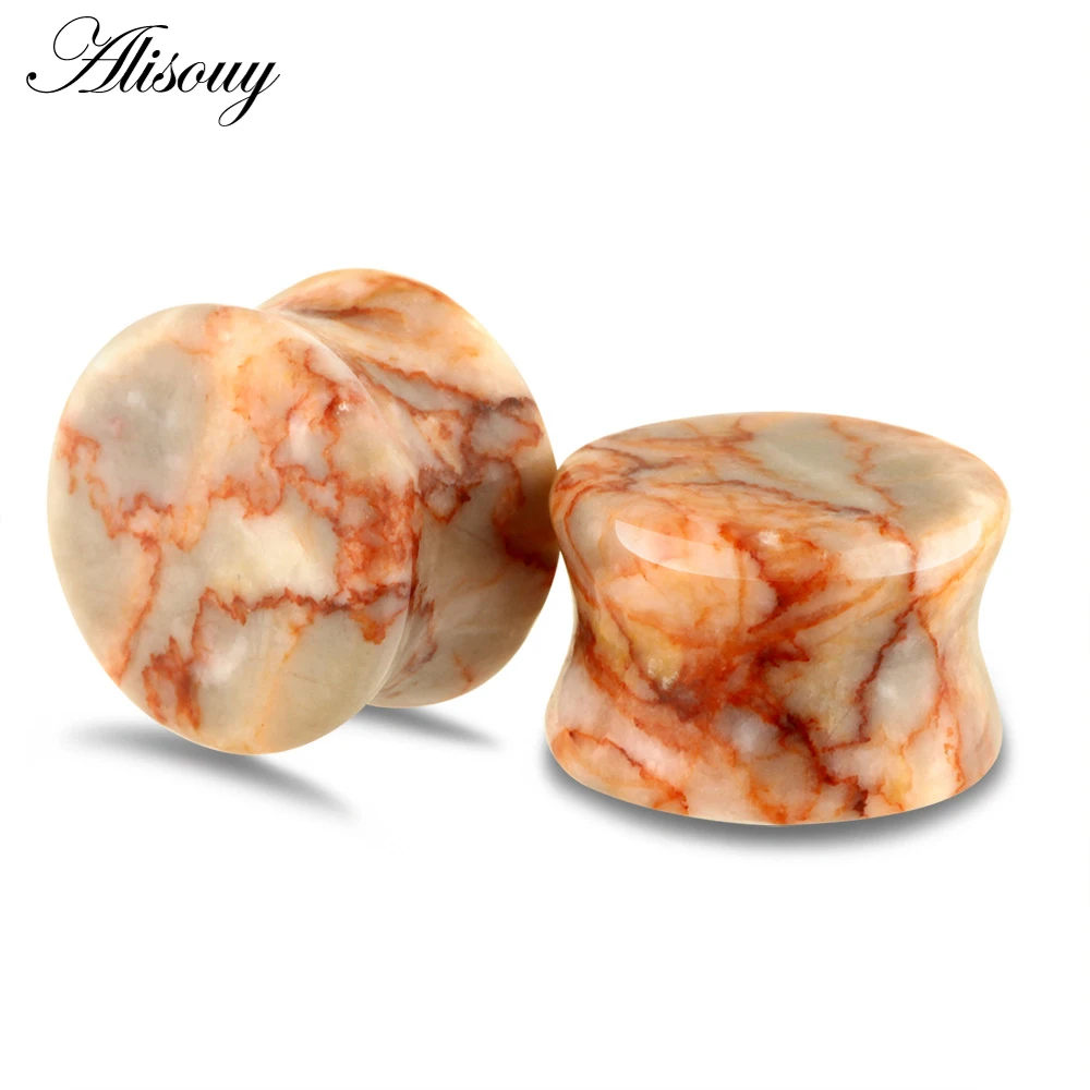 Alisouy 2PCS Stone Ear Tunnel Plugs Mixed Styles Double Flared Ear Flesh Gauges Piercing Ear Expander Stretcher Unisex Jewelry