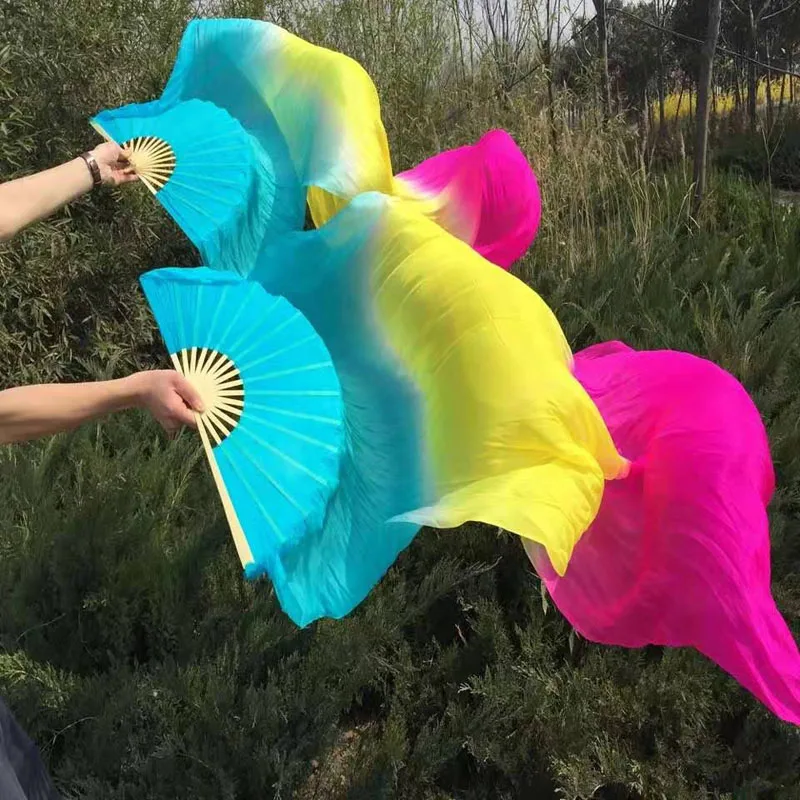 Wholesale 1Pair/2pcs Real Silk Belly Dance Fan Veils Classic Size Bamboo Fan Veil Popular Stage Show Props Fan Customized colors