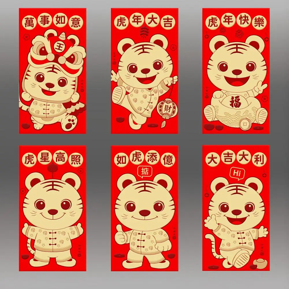 Juego de 6 unids/set de papel de bolsillo rojo con efecto 3D, sobre Rojo, patrón de Tigre, bolsa de dinero de la suerte, estampado en caliente, bolsillo rojo para Festival de Primavera