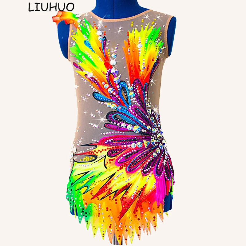 LIUHUO Rhythmic Gymnastics leotards Girls kids Custom new Yellow Competition Maxi Ballroom Artistic Costumes for toddler girls