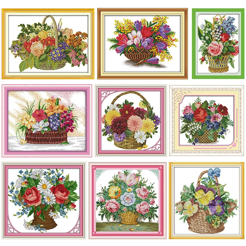 

Cross-Stitch Embroidery Needlework Blooming Flower In Basket Stamped Pattern Handmade Kits 11CT 14CT Print Counted Fabric Thread