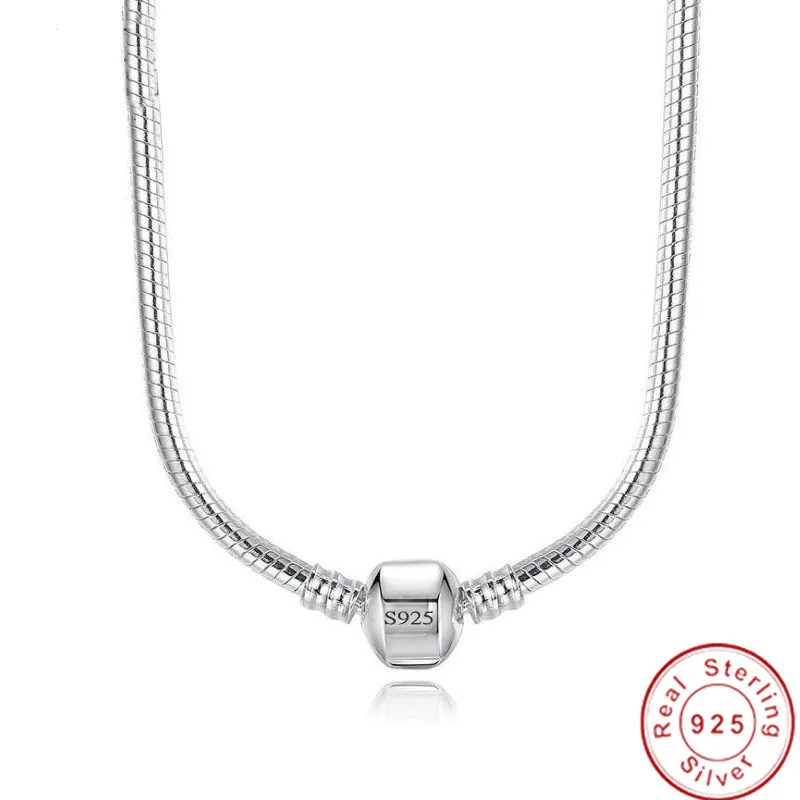 Wielka wyprzedaż 925 Sterling srebrny łańcuszek żmijka naszyjnik łańcuch bezpieczne zapięcie kulkowe wisiorki z koralikami naszyjnik dla kobiet prezent ślubny Diy biżuteria