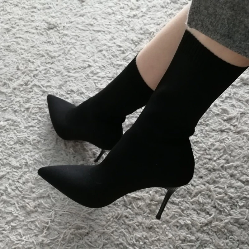 2023 Luxury Women Beige Black Sock Boots Stiletto Thin High Heels Elastic knitting Boots Winter Stretch Fabric Boots Plus Size