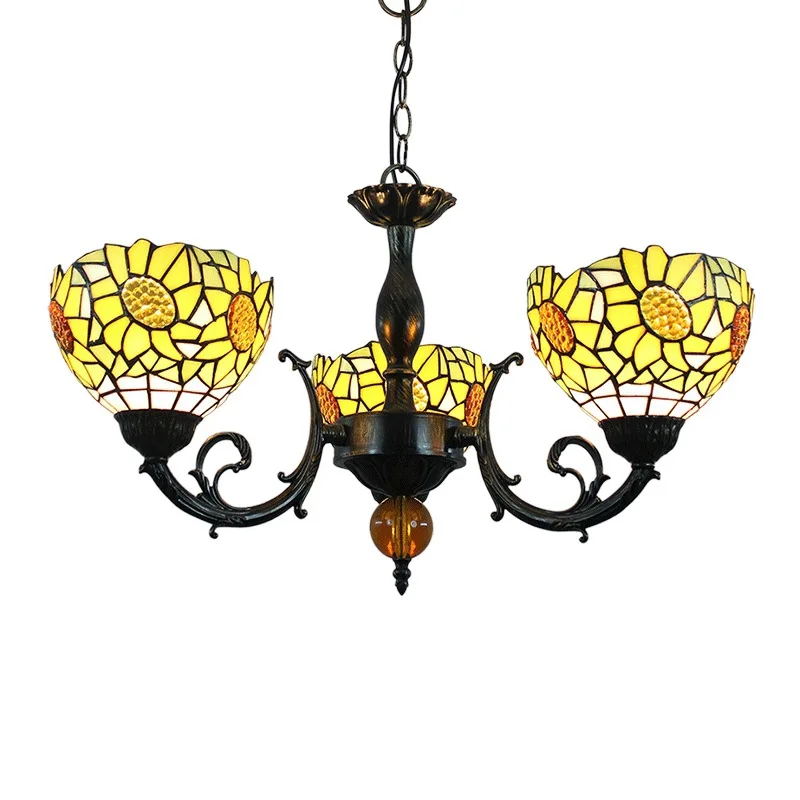 

European retro creative Tiffany stained glass restaurant bedroom bar pastoral yellow sun flower 3 heads chandelier lamps