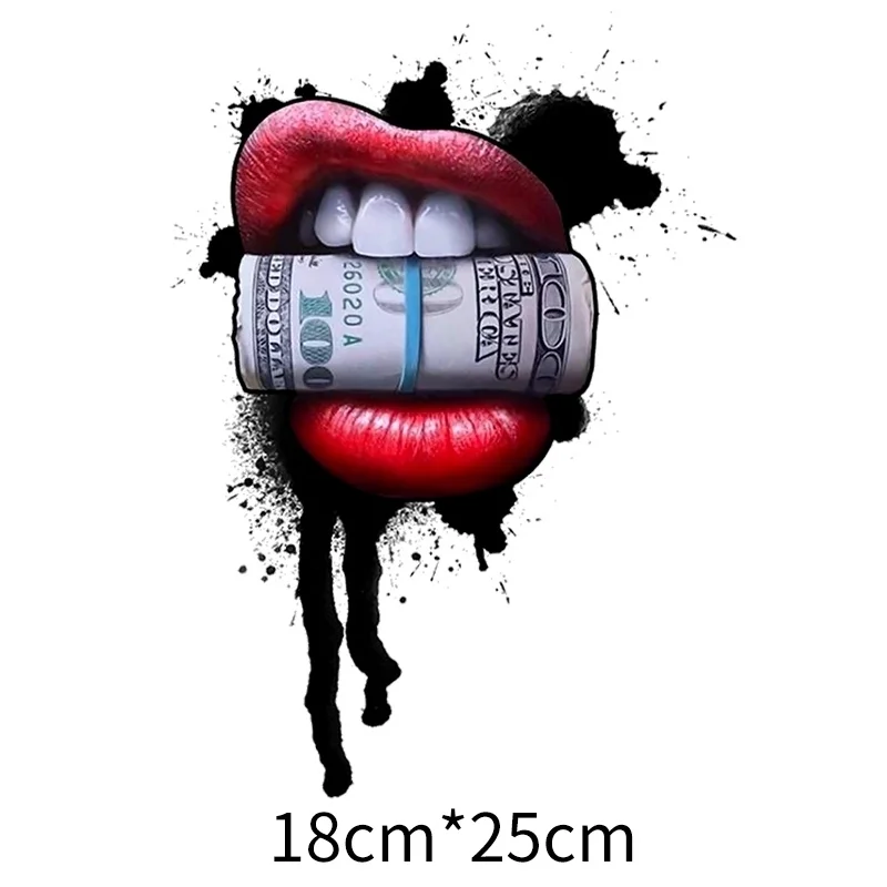 3D Warmteoverdracht Vinyl Nieuwe Stijl Dollar Bill Trend Sexy Lippen Afdrukken Sticker Diy Decoratieve T-shirt Voor Mannen En Vrouwen