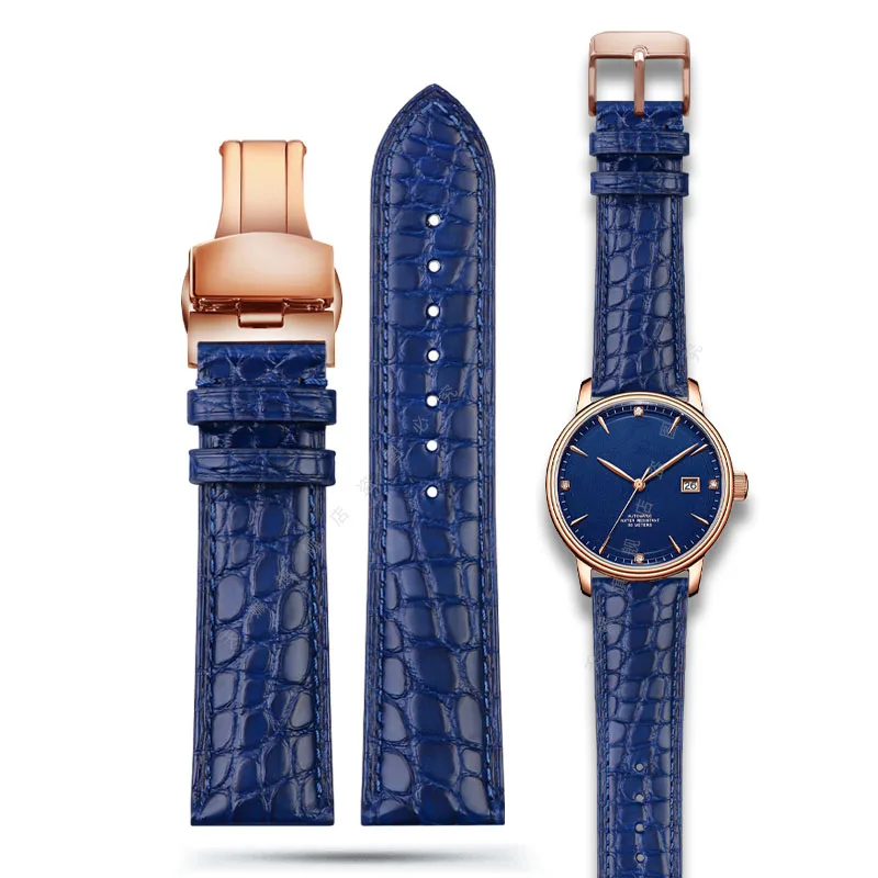 Universal Strap For Lon-gines Ome-ga TAG Heuer Blue Crocodile Leather Watchband Men's Women's Butterfly Buckle Bracelet 18 20mm