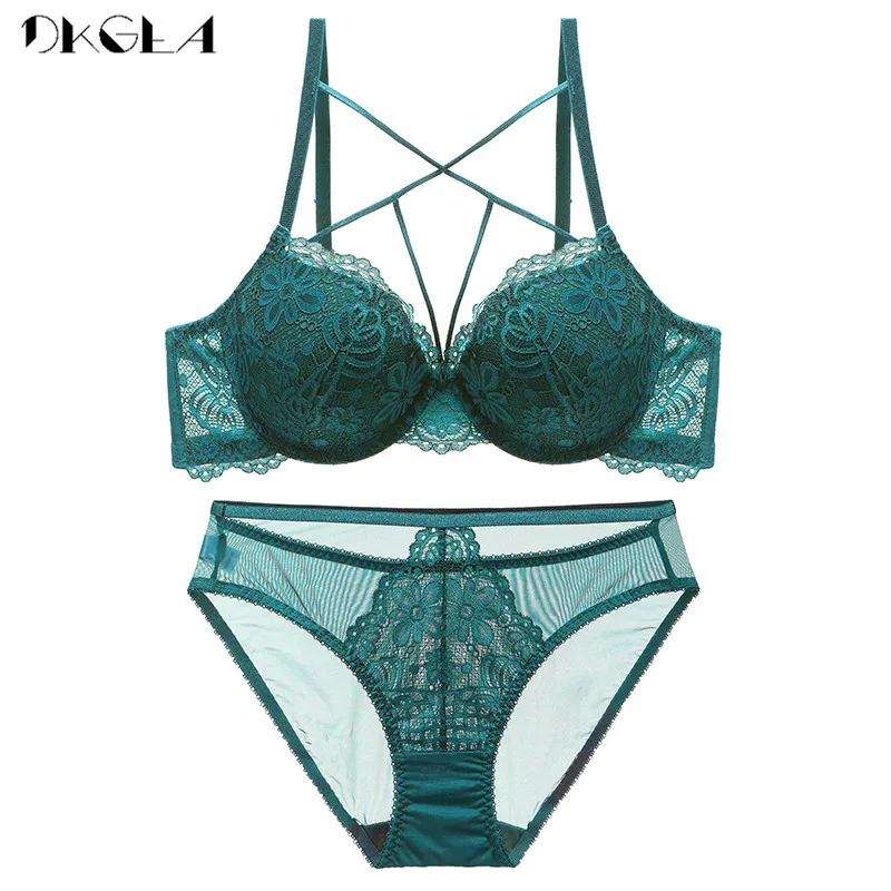 2020 New Embroidery Sexy Underwear Green Bra Set Push Up Brassiere Cotton Thick Women Lingerie Set Lace Bras Deep V Gather Black