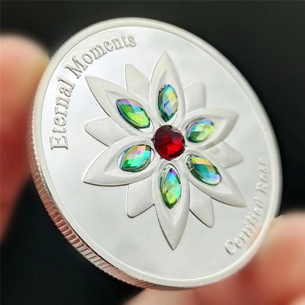 Eternal Moments Edelweiss Commemorative Coins Rose Lovers Silver Color Diamond Love  Lucky Coin