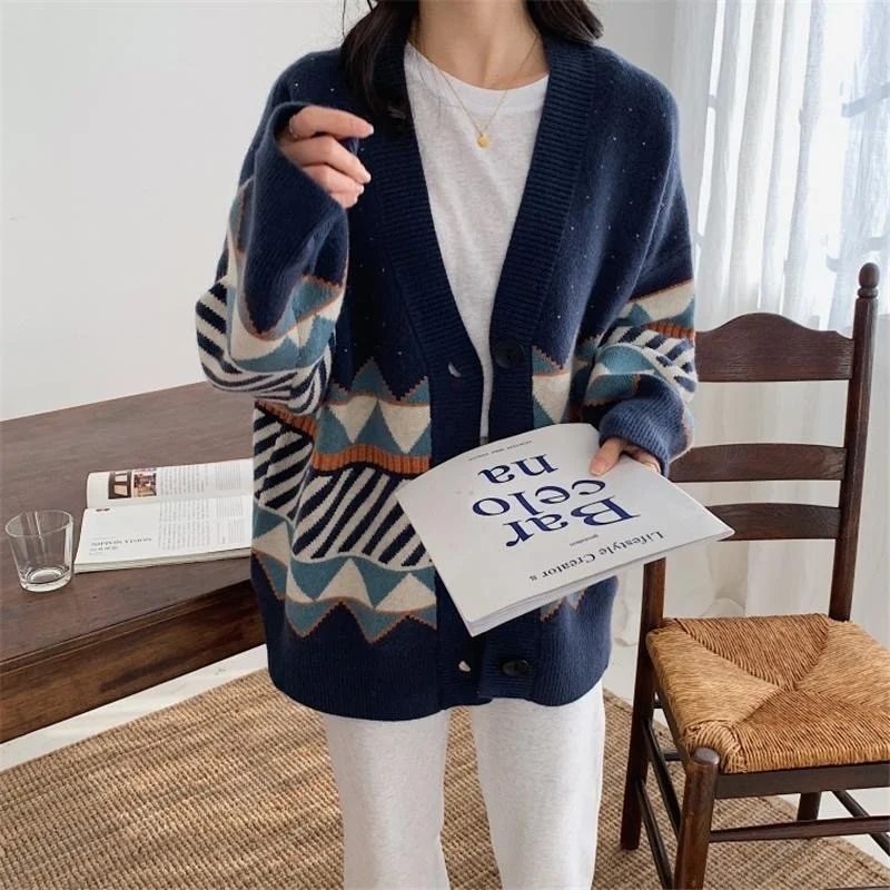 2023 Jacquard Knitted Cardigan Lazy Style Loose Outer Jacket V-Neck Jumper Button-Up All-Match Female Loose Top Autumn Winter