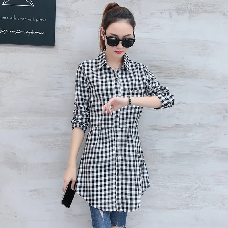 Women Shirts Korean Fashion Long Cotton Plaid Shirts Women Elegant Slim Long Sleeve Spring Autumn Office Ladies Plaid Shirts