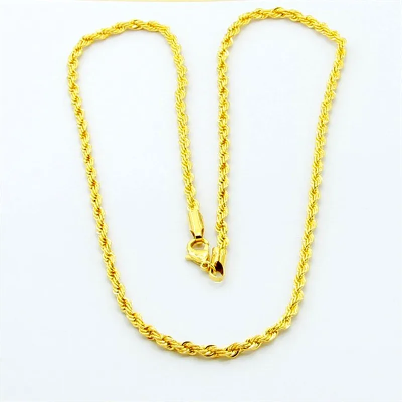 Hip Hop 24K Gold Color Necklace 3MM Twisted Rope Twist Electroplating Gold Necklace for Men & Women Wedding Jewelry Gifts