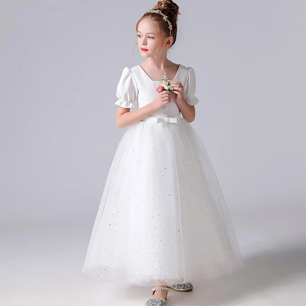 Elegant Christmas Tulle Flower Girl Dresses Junior Bridesmaid Dress Sparkly Kids For Wedding Pageant Gowns Ivory