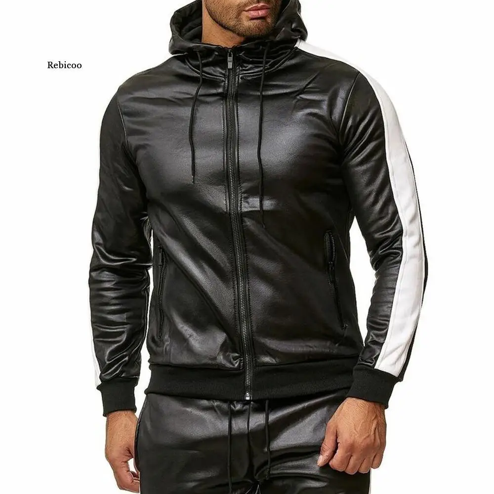 Pu Leather Men Tracksuit Hooded Men\'s Set Casual 2 Pieces Set Faux Leather Jacket+Pants Motorcycle Sports Suit Mens Clothes