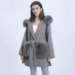 MISSJANEFUR Cashmere Coat Women Fashion Caual Fur Trim Hood Wool Jacket With Big Fox Fur Pockets Loose Belted Coat Women