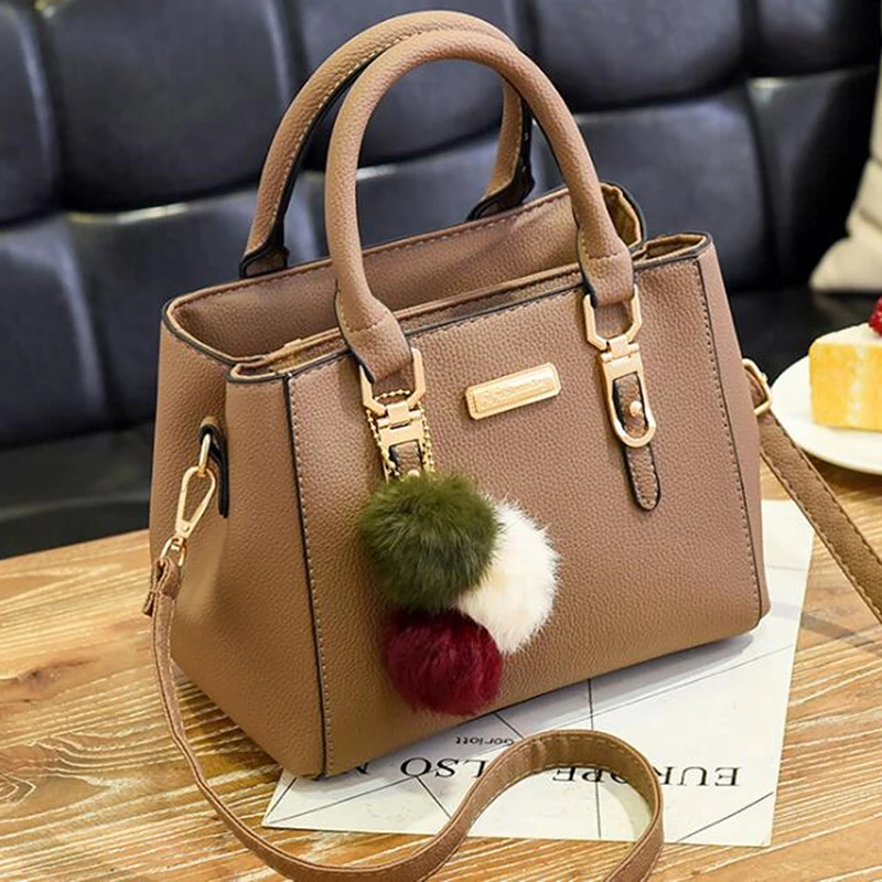 Women Beading Pendant Handbag Ladies Embossed Shoulder Bag  PU Leather Ladies Messenger Bag Hairball Women Bags bolsa feminina