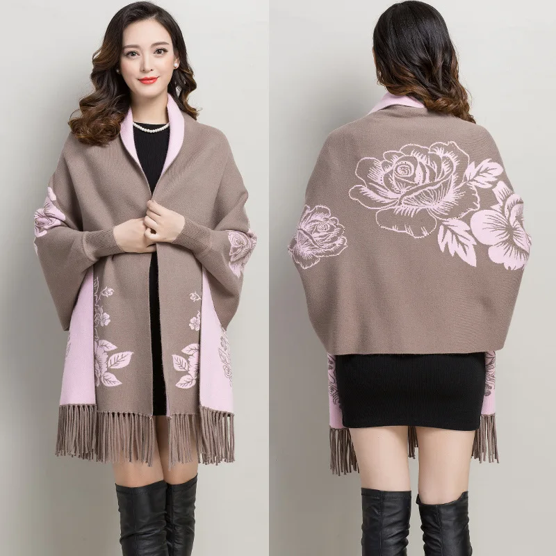 Women Long Batwing Sleeves Cape Outstreet Wear Winter Knitted Printed Floral Warm Poncho Vintage Tassel Knitwear Shawl Overcoat