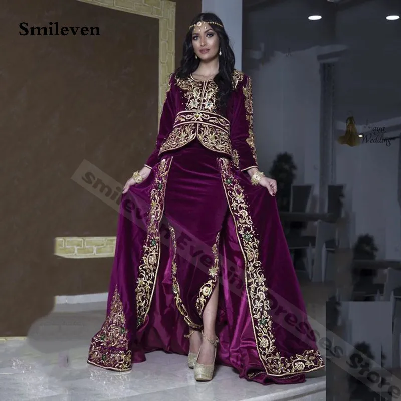 Smileven Mermaid karakou Algerian Caftan Evening Dress Velvet Long Sleeve Outfit Applique Lace Chalka Muslim Formal Party Gowns