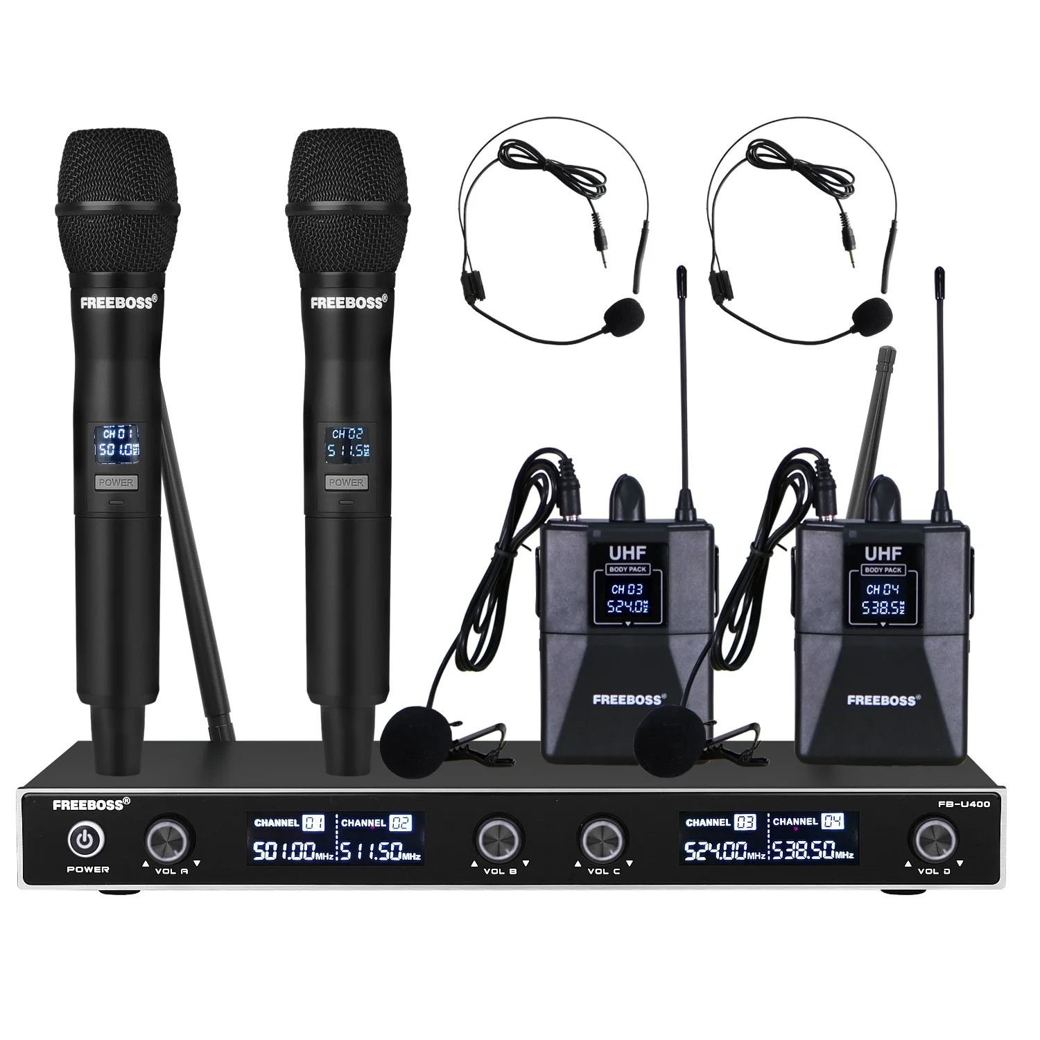 

FREEBOSS UHF Wireless Microphone Fixed Frequency 4 Channel 2 Bodypack 2 Handheld Transmitter Mic for Party Church FB-U400H2