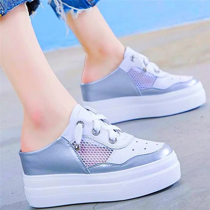 

EUR 34-42 Fashion Sneakers Women's Cow Leather Platform Wedge Sandals Lace Up Round Toe Mules High Heels Oxfords Loafers