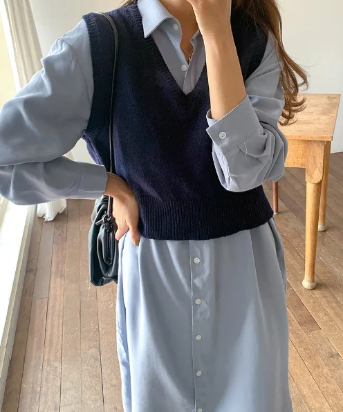New Spring 2 Piece Suit Sleeveless Sweater Vest Women Dresses Female Girls Dress Shirt Suits Robe Femme Vestido Sell Separately