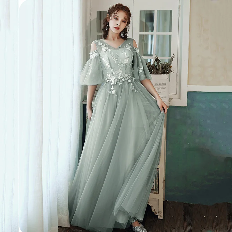 Bridesmaid Dresses Green Embroidery A-Line Wedding Guest Dress Hight Neck Half Sleeve Vestidos Floor Length Formal Gowns R067