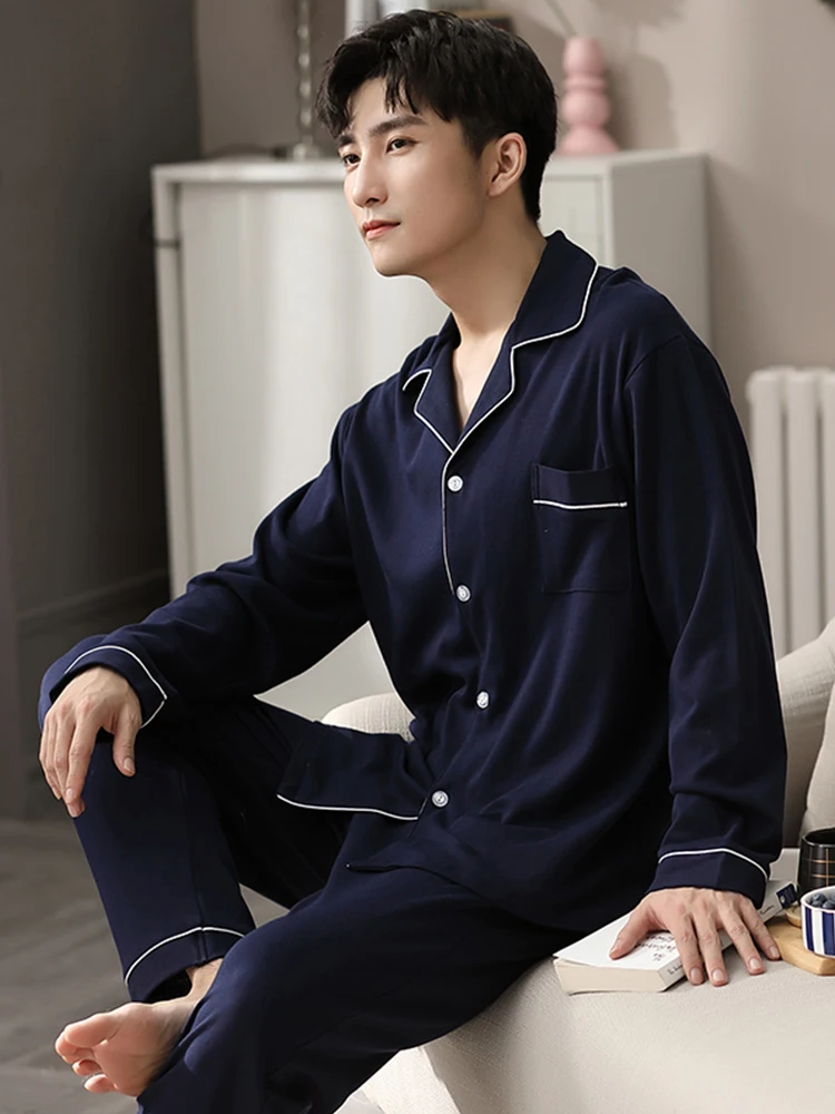 Blue Sleepwear 100% Cotton Pijama Long Sleeves Button-Down Winter Men Pajama Set 2Pieces Pure Cotton Nightwear PJ Pyjama Homme