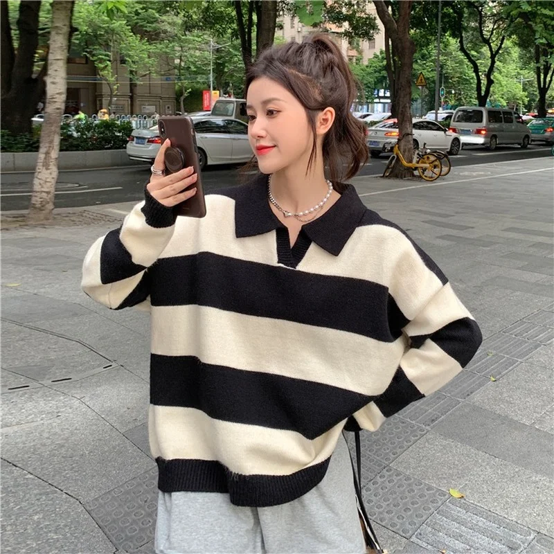 Pullover donna a righe colletto rovesciato tempo libero Streetwear autunno caldo All-match studenti semplici abbigliamento maglione Ulzzang nuovo