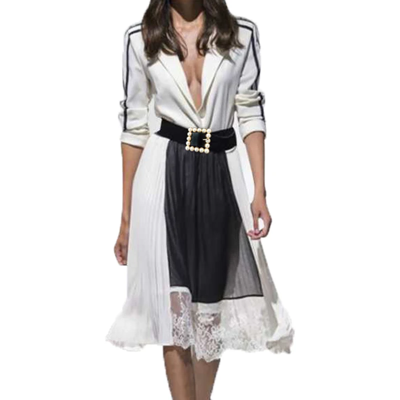 

High Quality New Nice Nice Designer Women's Beading Belt Long Sleeve Turn-Down Collar Patchwork Letter Lace Pleated Dress