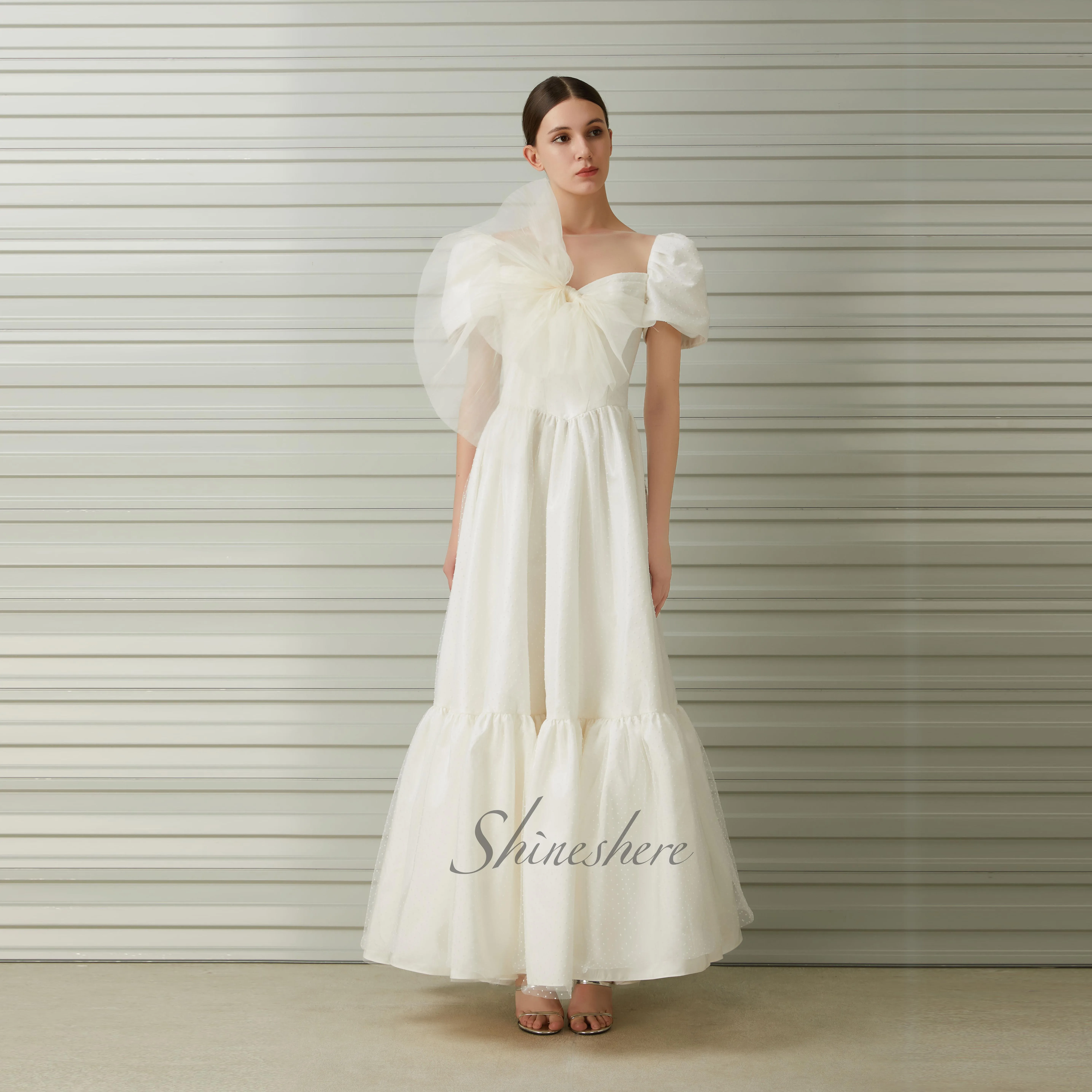 Jusere ชุดเจ้าสาว Elegant Sweetheart งานแต่งงานชุดเสื้อแขนสั้น A-Line ง่าย Organza ชุดเจ้าสาว