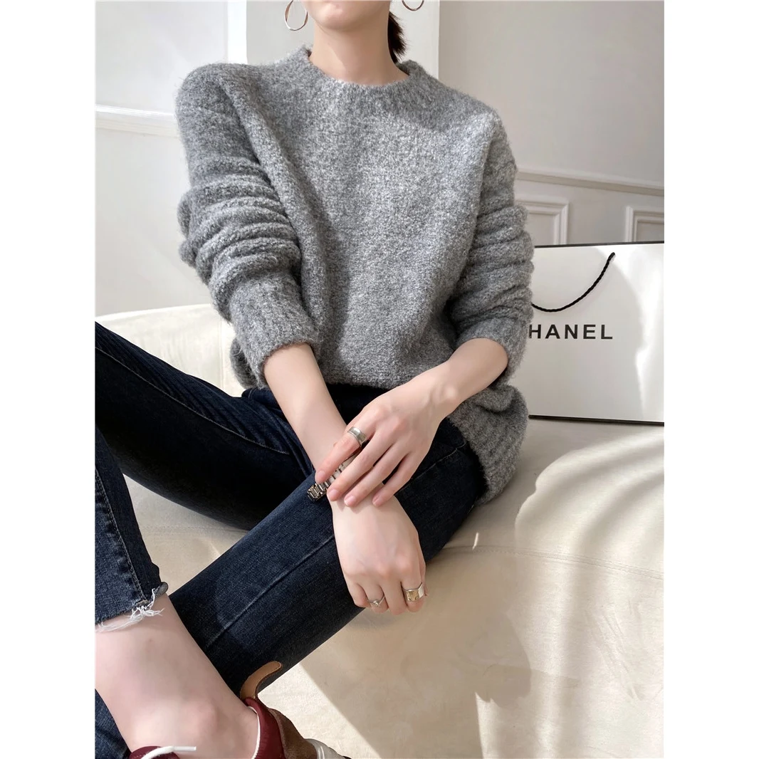 [ZAYAU]Soft Waxy Alpaca Loop Yarn Blended Casual Pullover Sweater women\'s Lazy Wind Round Neck Autumn Winter Thickened 2021