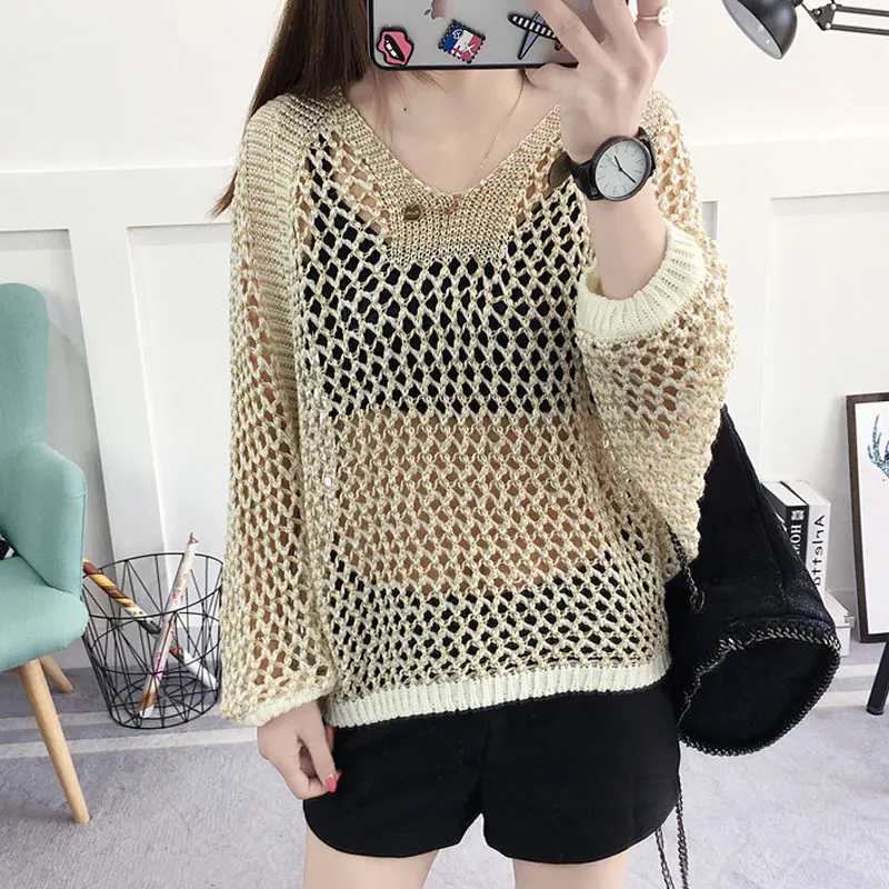 Sexy Women Knitted Pullover Mesh Hollow Sweater Female 2024 Spring Casual Top Bat Half Sleeve Casual Loose Knit Jumper Summer