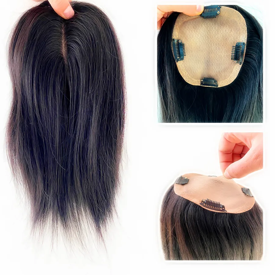 

Skin Base Human Hair Topper With 4 Clip In 5"X5" Hand Tied Silk Top Virgin European Hair Toupee for Women Fine Hairpiece13X12cm