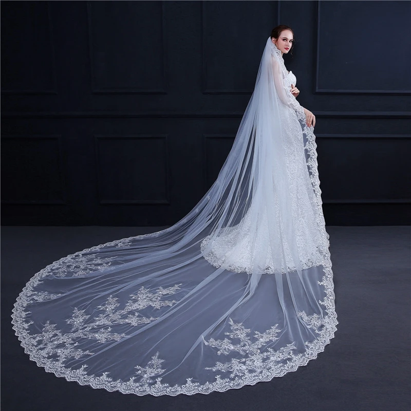 New Arrival Edge Lace Appliques Bridal veils Metal Comb Veu de noiva longo Cheap wedding veil long Weed accessories