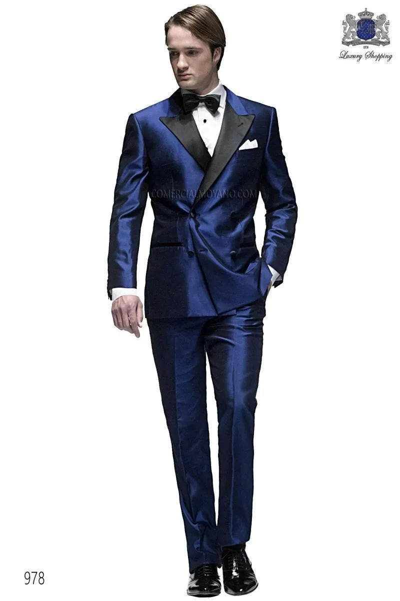 

SZMANLIZI MALE COSTUMES HOMME Men Suits Double Breasted Design 2022 Navy Blue Satin Groom Wedding Tuxedos Best Man 2 Pieces Set