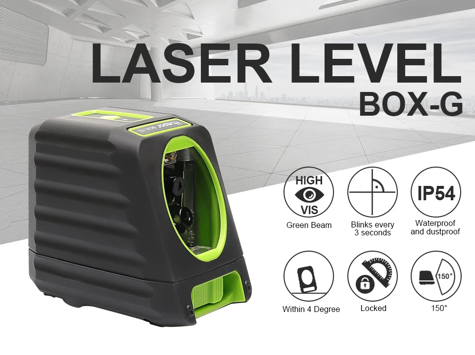 Huepar  BOX-1G  2 lines Vertical & Horizontal Cross line green Beam Self leveling 150ft/45m Outdoor  Laser Level