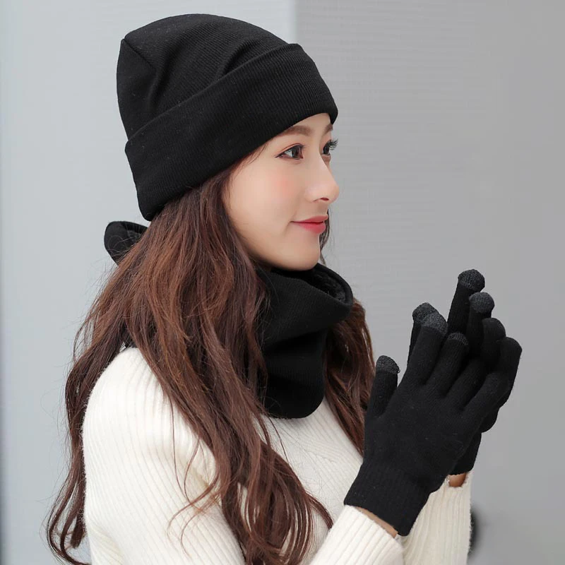 Women Winter Hats Scarves Gloves Kit Fashion Knitted Plus Velvet Hat Scarf Set For Male Female 3 Pieces/Set Beanies Scarf Glove