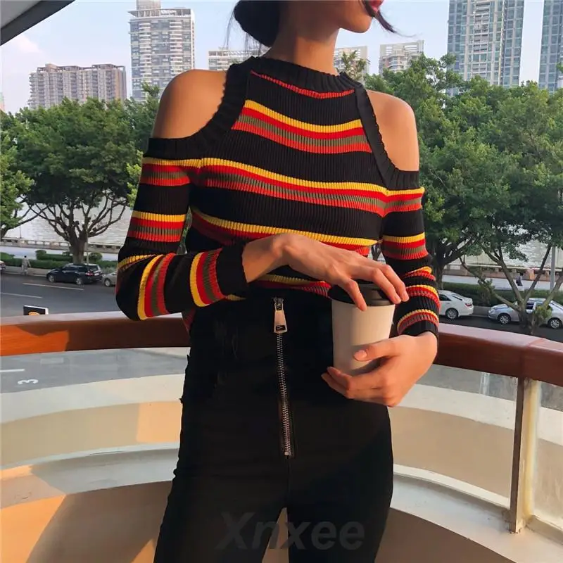 

2019 New Korean Vintage Women Sweater Striped Patchwork Famale Sweaters Sexy Off Shoulder Slim Knitwear Tops Xnxee