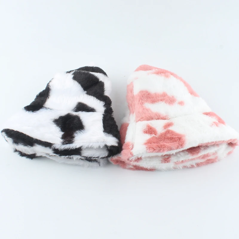 2021 New Fashion Korean Pink Cow Print Bucket Hat Faux Fur Winter Hats For Women Warm Plush Fisherman Caps image 4